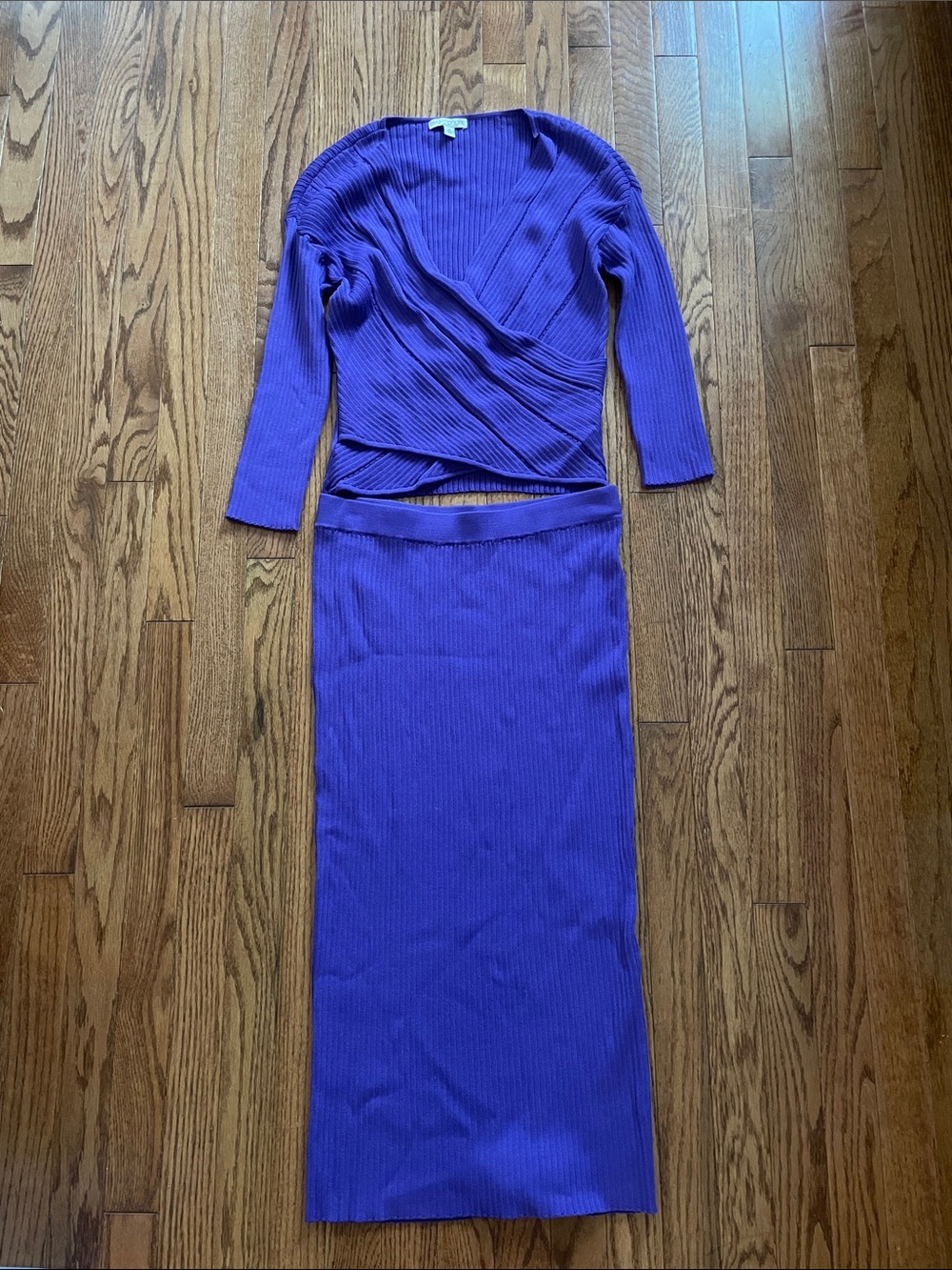 Eva Mendes x New York & Company Purple Wrap Knit Top and Skirt Set Sz Medium